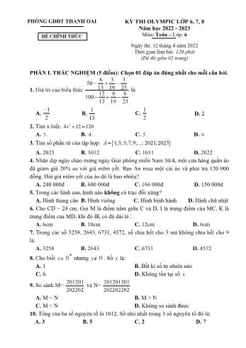 Kỳ thi Olympic Toán Lớp 6 - Năm học 2022-2023 - Phòng GD&ĐT Thanh Oai (Có hướng dẫn chấm)