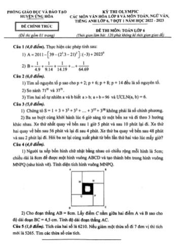 Kỳ thi Olympic Toán Lớp 6 - Năm học 2022-2023 - Phòng GD&ĐT Ứng Hòa