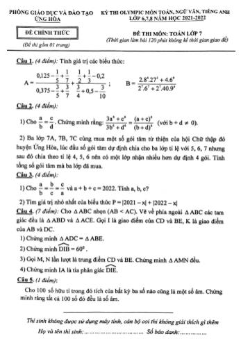 Kỳ thi Olympic Toán Lớp 7 - Năm học 2021-2022 - Phòng GD&ĐT Ứng Hòa