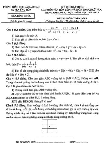 Kỳ thi Olympic Toán Lớp 8 (Đợt 1) - Năm học 2022-2023 - Phòng GD&ĐT Ứng Hòa