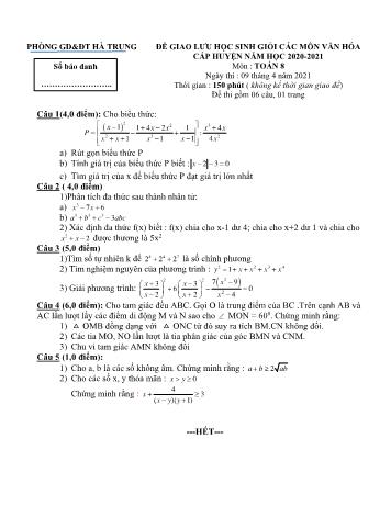 Đề giao lưu học sinh giỏi các môn văn hóa cấp huyện môn Toán Lớp 8 - Năm học 2020-2021 - Phòng GD và ĐT Hà Trung (Có đáp án)
