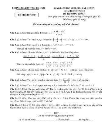 Đề giao lưu học sinh giỏi cấp huyện môn Toán Lớp 7 - Năm học 2017-2018 - Phòng GD và ĐT Tam Dương (Có đáp án)