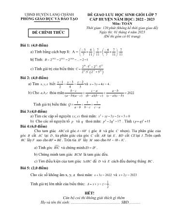 Đề giao lưu học sinh giỏi cấp huyện môn Toán Lớp 7 - Năm học 2022-2023 - Phòng GD và ĐT Lang Chánh (Có đáp án)