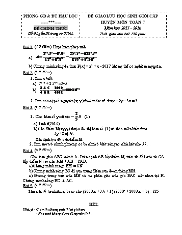 Đề giao lưu học sinh giỏi cấp huyện môn Toán Lớp 7 - Năm học 2015-2016 - Phòng GD và ĐT Hậu Lộc (Có đáp án)
