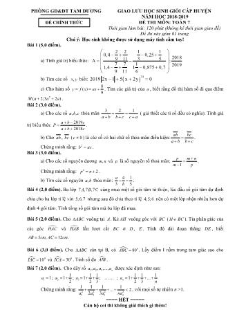 Đề giao lưu học sinh giỏi cấp huyện môn Toán Lớp 7 - Năm học 2018-2019 - Phòng GD và ĐT Tam Dương (Có đáp án)