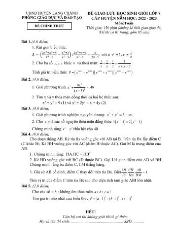 Đề giao lưu học sinh giỏi cấp huyện môn Toán Lớp 8 - Năm học 2022-2023 - Phòng GD và ĐT Lang Chánh (Có đáp án)