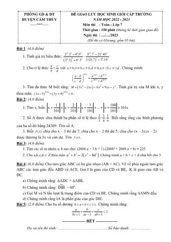 Đề giao lưu học sinh giỏi cấp trường môn Toán Lớp 7 - Năm học 2022-2023 - Phòng GD và ĐT Cẩm Thủy (Có đáp án)