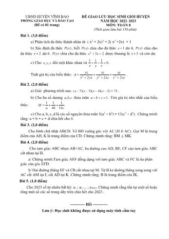 Đề giao lưu học sinh giỏi huyện môn Toán Lớp 8 - Năm học 2022-2023 - Phòng GD và ĐT Vĩnh Bảo (Có đáp án)