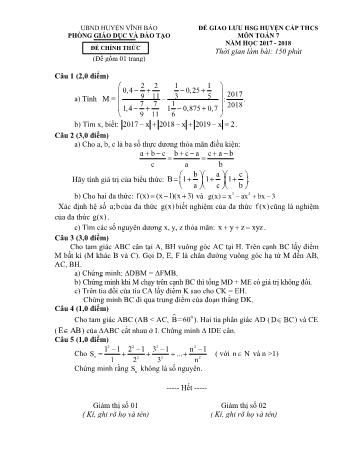 Đề giao lưu học sinh giỏi môn Toán Lớp 7 - Năm học 2017-2018 - Phòng GD và ĐT Vĩnh Bảo (Có đáp án)
