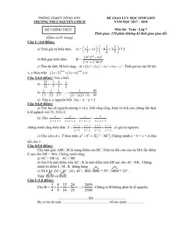 Đề giao lưu học sinh giỏi môn Toán Lớp 7 - Năm học 2017-2018 - Trường THCS Nguyễn Chích (Có đáp án)