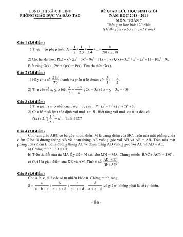 Đề giao lưu học sinh giỏi môn Toán Lớp 7 - Năm học 2018-2019 - Phòng GD và ĐT Thị xã Chí Linh (Có đáp án)