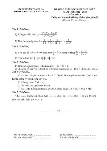 Đề giao lưu học sinh giỏi môn Toán Lớp 7 - Năm học 2022-2023 - Phòng GD và ĐT Thanh Hà (Có đáp án)