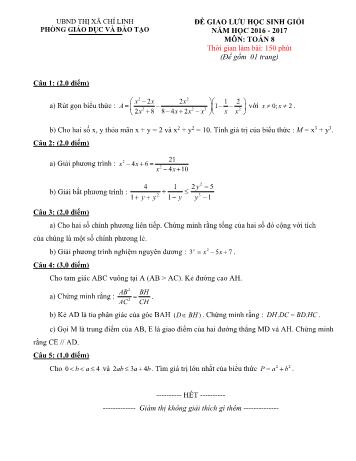 Đề giao lưu học sinh giỏi môn Toán Lớp 8 - Năm học 2016-2017 - Phòng GD và ĐT Thị xã Chí Linh (Có đáp án)