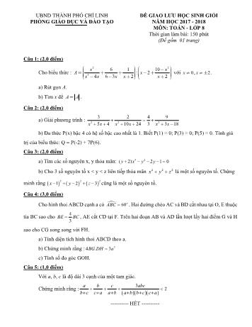 Đề giao lưu học sinh giỏi môn Toán Lớp 8 - Năm học 2017-2018 - Phòng GD và ĐT Thành phố Chí Linh (Có đáp án)