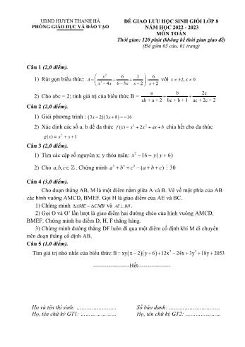 Đề giao lưu học sinh giỏi môn Toán Lớp 8 - Năm học 2022-2023 - Phòng GD và ĐT Thanh Hà (Có đáp án)