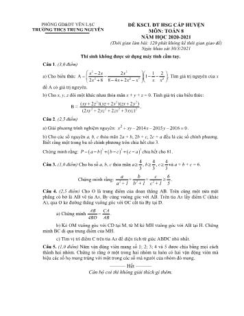 Đề khảo sát chất lượng đội tuyển học sinh giỏi môn Toán Lớp 8 - Năm học 2020-2021 - Trường THCS Trung Nguyên (Có đáp án)