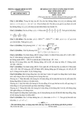 Đề khảo sát chất lượng đội tuyển học sinh giỏi môn Toán Lớp 9 - Năm học 2023-2024 - Phòng GD và ĐT Bình Xuyên (Có đáp án)