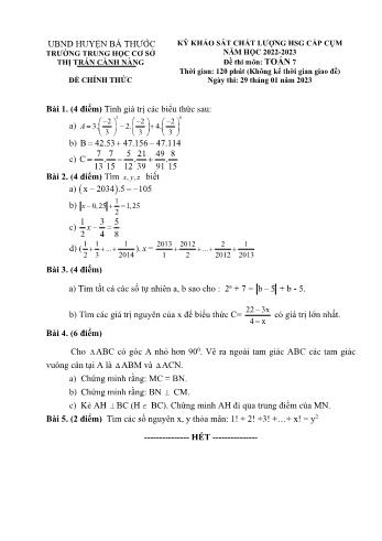 Đề khảo sát chất lượng học sinh giỏi cấp cụm môn Toán Lớp 7 - Năm học 2022-2023 - Trường THCS Thị trấn Cành Nàng (Có đáp án)