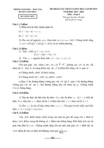 Đề khảo sát chất lượng học sinh giỏi cấp huyện môn Toán Lớp 8 - Năm học 2023-2024 - Phòng GD và ĐT Nam Trực (Có đáp án)