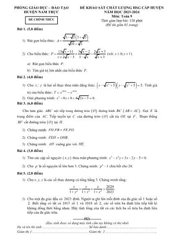 Đề khảo sát chất lượng học sinh giỏi cấp huyện môn Toán Lớp 9 - Năm học 2023-2024 - Phòng GD và ĐT Nam Trực (Có đáp án)