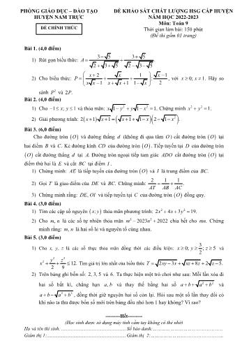 Đề khảo sát chất lượng học sinh giỏi cấp huyện môn Toán Lớp 9 - Năm học 2022-2023 - Phòng GD và ĐT Nam Trực (Có đáp án)