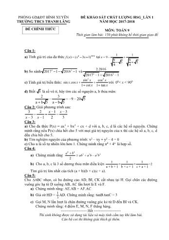 Đề khảo sát chất lượng học sinh giỏi lần 1 môn Toán Lớp 9 - Năm học 2017-2018 - Trường THCS Thanh Lãng (Có đáp án)