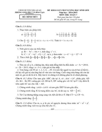 Đề khảo sát chất lượng học sinh giỏi môn Toán Lớp 7 - Năm học 2014-2015 - Phòng GD và ĐT Nho Quan (Có đáp án)