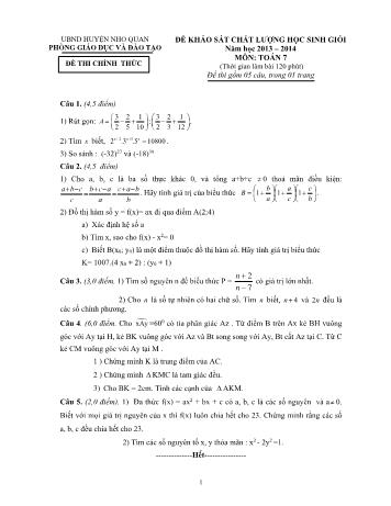 Đề khảo sát chất lượng học sinh giỏi môn Toán Lớp 7 - Năm học 2013-2014 - Phòng GD và ĐT Nho Quan (Có đáp án)