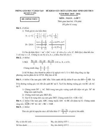 Đề khảo sát chất lượng học sinh giỏi môn Toán Lớp 7 - Năm học 2015-2016 - Phòng GD và ĐT Ý Yên (Có đáp án)