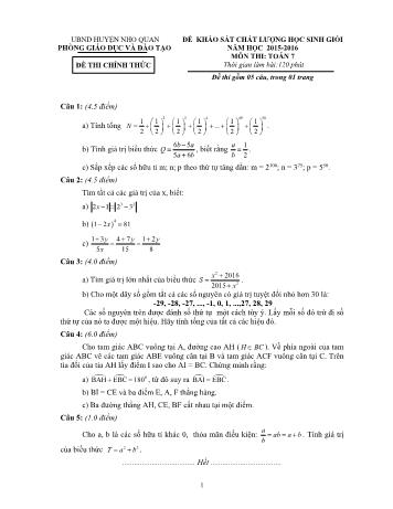 Đề khảo sát chất lượng học sinh giỏi môn Toán Lớp 7 - Năm học 2015-2016 - Phòng GD và ĐT Nho Quan (Có đáp án)