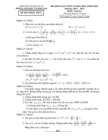 Đề khảo sát chất lượng học sinh giỏi môn Toán Lớp 8 - Năm học 2013-2014 - Phòng GD và ĐT Nho Quan (Có đáp án)