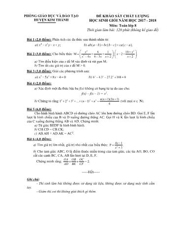 Đề khảo sát chất lượng học sinh giỏi môn Toán Lớp 8 - Năm học 2017-2018 - Phòng GD và ĐT Kim Thành (Có đáp án)