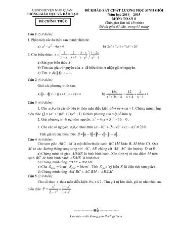 Đề khảo sát chất lượng học sinh giỏi môn Toán Lớp 8 - Năm học 2014-2015 - Phòng GD và ĐT Nho Quan (Có đáp án)