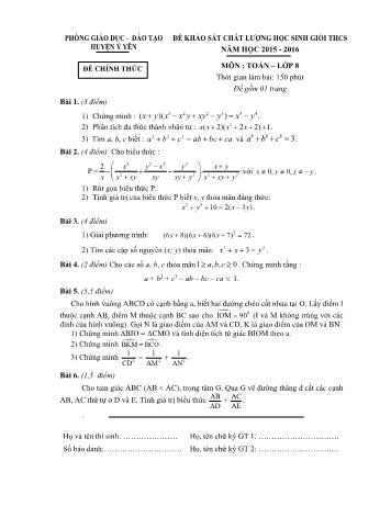 Đề khảo sát chất lượng học sinh giỏi môn Toán Lớp 8 - Năm học 2015-2016 - Phòng GD và ĐT Ý Yên (Có đáp án)