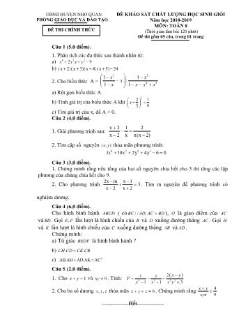 Đề khảo sát chất lượng học sinh giỏi môn Toán Lớp 8 - Năm học 2018-2019 - Phòng GD và ĐT Nho Quan (Có đáp án)