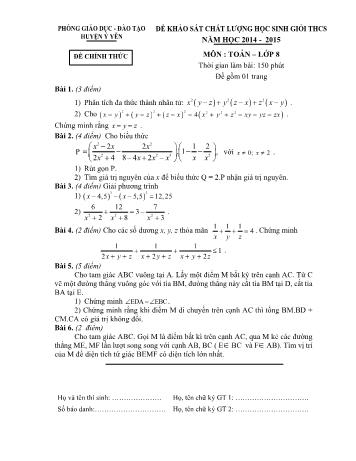 Đề khảo sát chất lượng học sinh giỏi THCS môn Toán Lớp 8 - Năm học 2014-2015 - Phòng GD và ĐT Ý Yên (Có đáp án)