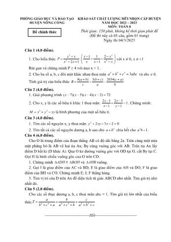 Đề khảo sát chất lượng mũi nhọn cấp huyện môn Toán Lớp 8 - Năm học 2022-2023 - Phòng GD và ĐT Nông Cống (Có đáp án)