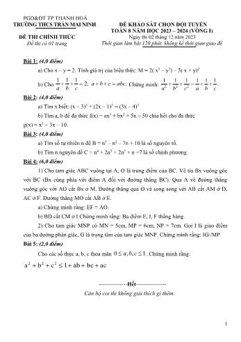 Đề khảo sát chọn đội tuyển môn Toán Lớp 8 - Vòng 1 - Năm học 2023-2024 - Trường THCS Trần Mai Ninh (Có đáp án)
