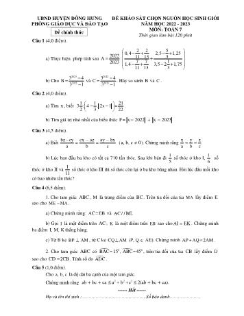 Đề khảo sát chọn nguồn học sinh giỏi môn Toán Lớp 7 - Năm học 2022-2023 - Phòng GD và ĐT Đông Hưng (Có đáp án)