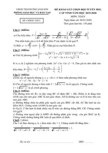 Đề khảo sát đội tuyển học sinh giỏi cấp tỉnh môn Toán Lớp 9 - Năm học 2019-2020 - Phòng GD và ĐT Thành phố Sầm Sơn (Có đáp án)