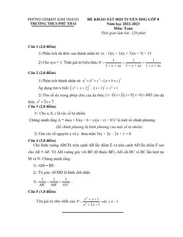 Đề khảo sát đội tuyển học sinh giỏi môn Toán Lớp 8 - Năm học 2022-2023 - Trường THCS Phú Thái (Có đáp án)