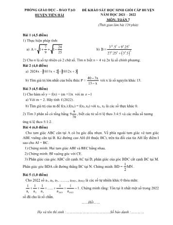 Đề khảo sát học sinh giỏi cấp huyện môn Toán Lớp 7 - Năm học 2021-2022 - Phòng GD và ĐT Tiền Hải (Có đáp án)