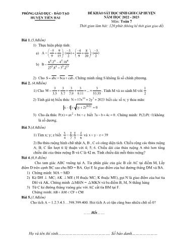 Đề khảo sát học sinh giỏi cấp huyện môn Toán Lớp 7 - Năm học 2022-2023 - Phòng GD và ĐT Tiền Hải (Có đáp án)