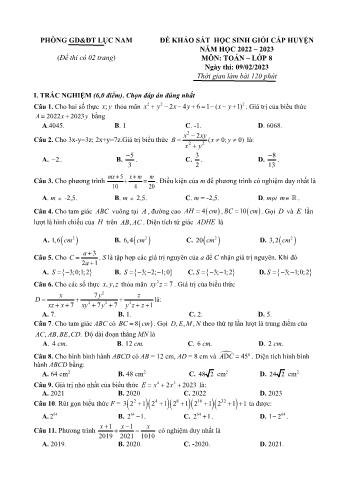Đề khảo sát học sinh giỏi cấp huyện môn Toán Lớp 8 - Năm học 2022-2023 - Phòng GD và ĐT Lục Nam (Có đáp án)