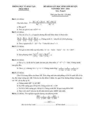 Đề khảo sát học sinh giỏi huyện môn Toán Lớp 8 - Năm học 2015-2016 - Phòng GD và ĐT Thái Thụy (Có đáp án)