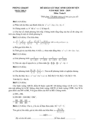 Đề khảo sát học sinh giỏi huyện môn Toán Lớp 8 - Năm học 2018-2019 - Phòng GD và ĐT Thái Thụy (Có đáp án)