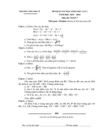 Đề khảo sát học sinh giỏi lần 2 môn Toán Lớp 7 - Năm học 2015-2016 - Trường THCS Bồ Lý (Có đáp án)
