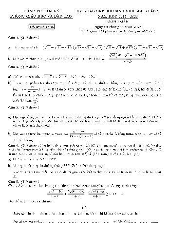 Đề khảo sát học sinh giỏi lần 2 môn Toán Lớp 9 - Năm học 2023-2024 - Phòng GD và ĐT Tam Kỳ
