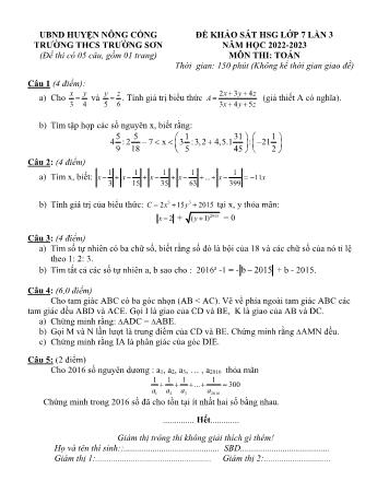 Đề khảo sát học sinh giỏi lần 3 môn Toán Lớp 7 - Năm học 2022-2023 - Trường THCS Trường Sơn (Có đáp án)