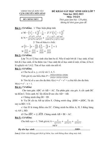 Đề khảo sát học sinh giỏi môn Toán Lớp 7 - Năm học 2022-2023 - Cụm chuyên môn Thị xã Sơn Tây (Có đáp án)